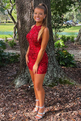Dressystars Red Homecoming Dress Sequined Open Back Tight Short Prom Dress with Fringes