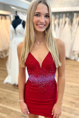 Dressystars Red Homecoming Dress Sequined Open Back Tight Short Prom Dress