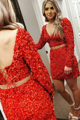 Dressystars Red Homecoming Dress Sequined Two Piece Tight Short Prom Dress with Sleeves