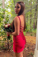 Dressystars Red Homecoming Dress Spaghetti Straps Beaded Tight Short Prom Dress