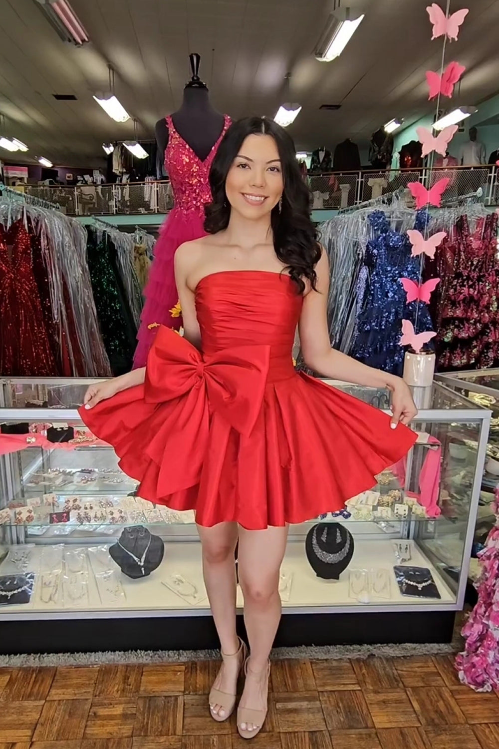 Dressystars Red Homecoming Dress Strapless A Line Short Prom Dress with Bowknot