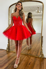 Dressystars Red Homecoming Dress Strapless Corset A Line Short Prom Dress With Beadings
