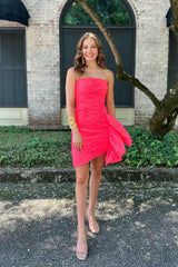 Dressystars Red Homecoming Dress Strapless Ruched Tight Short Prom Dress with Ruffles