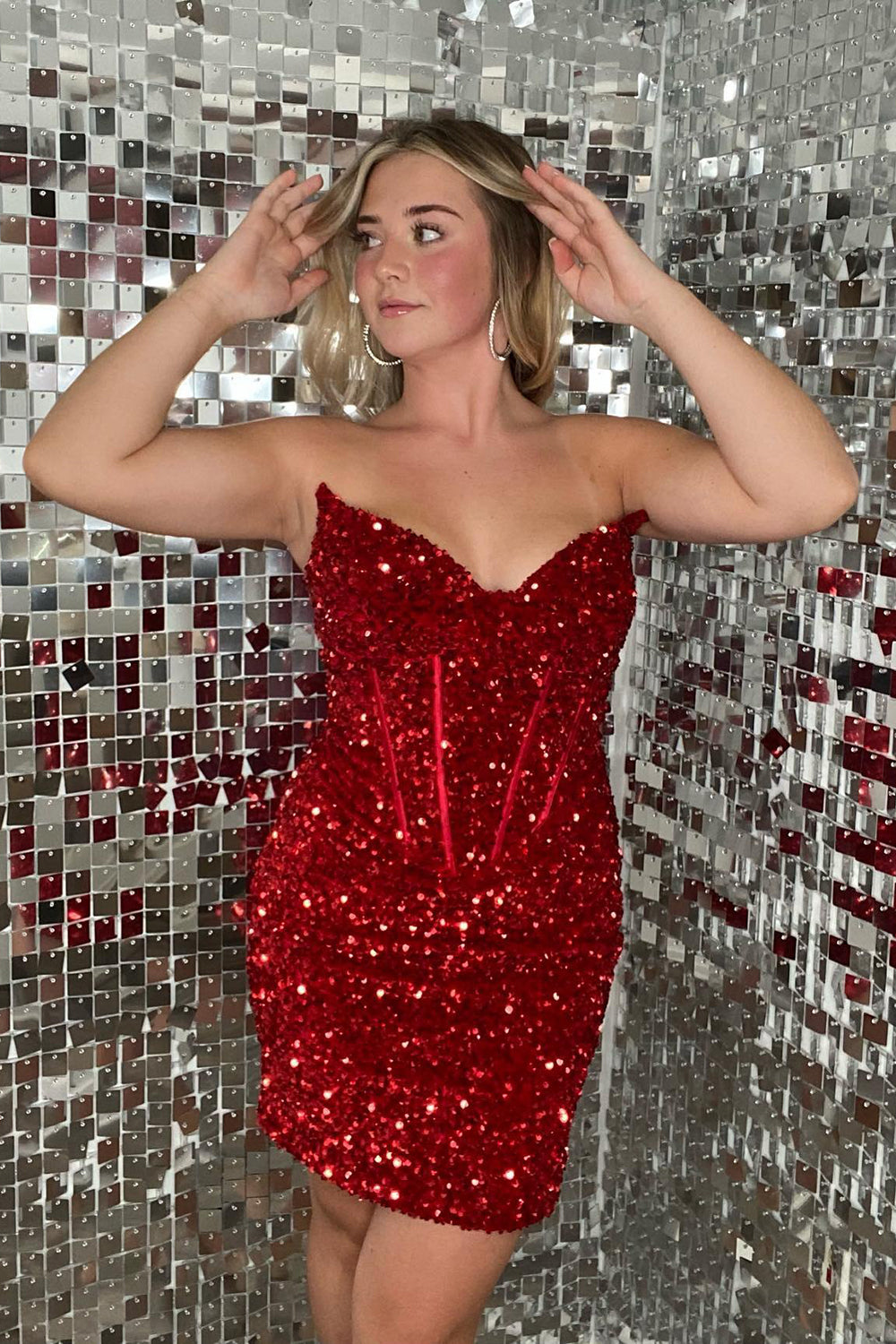 Dressystars Red Homecoming Dress Sweetheart Sequin Tight Short Prom Dress
