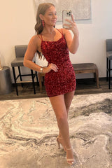 Dressystars Red Homecoming Dress Tight Sequin Backless Prom Dress