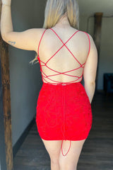 Dressystars Red Homecoming Dress V-Neck Lace Tight Short Prom Dress