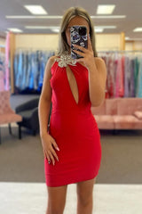 Dressystars Red One Shoulder Tight Homecoming Dresses Short Cocktail Dresses With Rhinestone