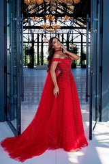 Dressystars Red Prom Dress A Line Beaded Off the Shoulder Formal Dress with Neck Train