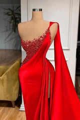 Dressystars Red Sheath/Column Prom Dress Beaded Formal Evening Dress with Train and Slit