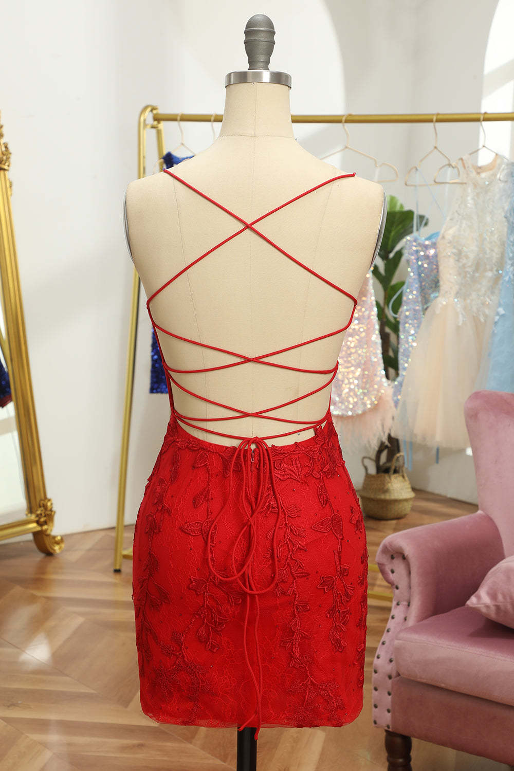 Dressystars Red Spaghetti Straps Homecoming Dresses Short Tight Cocktail Dresses With Appliques