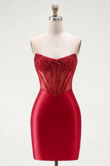 Dressystars Red Strapless Corset Tight Short Homecoming Dress with Rhinestones
