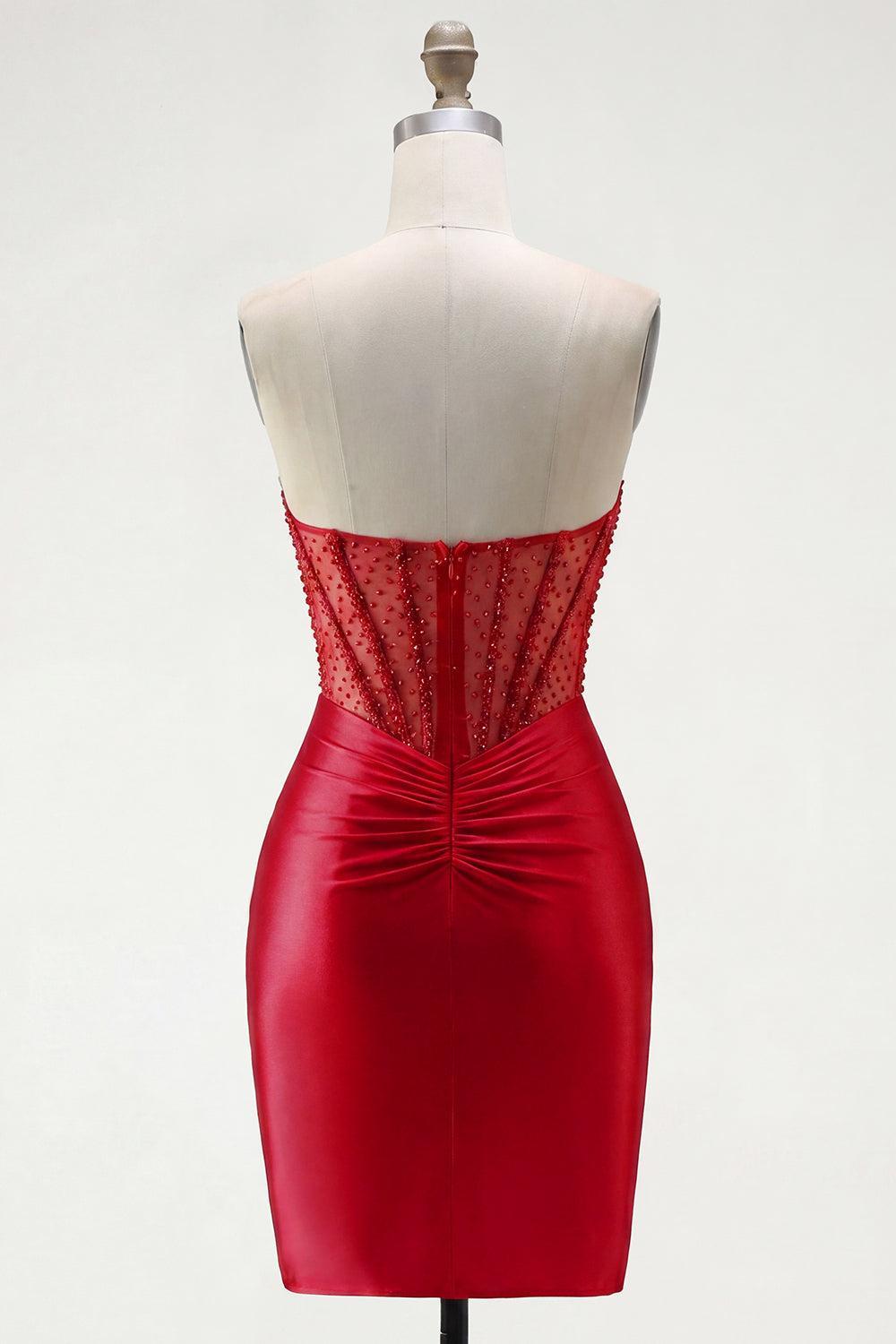 Dressystars Red Strapless Corset Tight Short Homecoming Dress with Rhinestones
