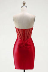 Dressystars Red Strapless Corset Tight Short Homecoming Dress with Rhinestones