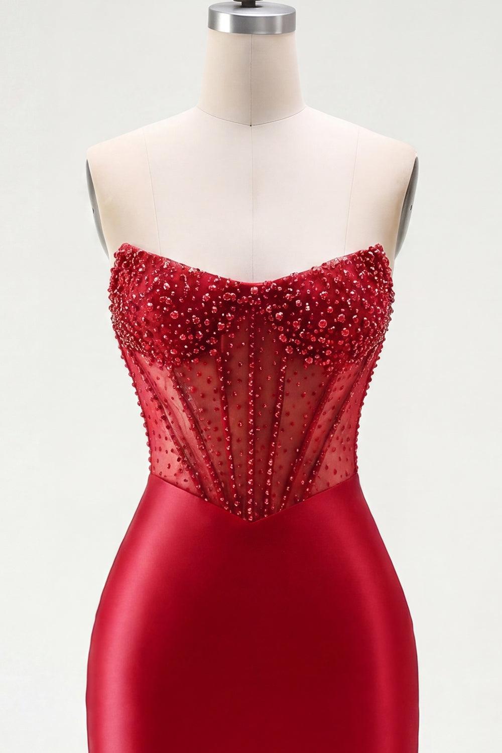 Dressystars Red Strapless Corset Tight Short Homecoming Dress with Rhinestones