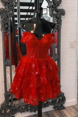 Dressystars Red Tiered Homecoming Dress Corset Sleeveless Short Cocktail Dress
