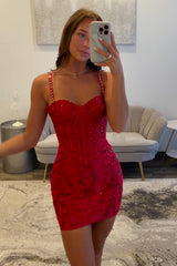 Dressystars Red Tight Homecoming Dresses Short Corset Cocktail Dresses With Beading