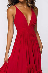 Dressystars Red Wedding Guest Dress Deep V-Neck Pleated Ruffled Long Chiffon Formal Dress