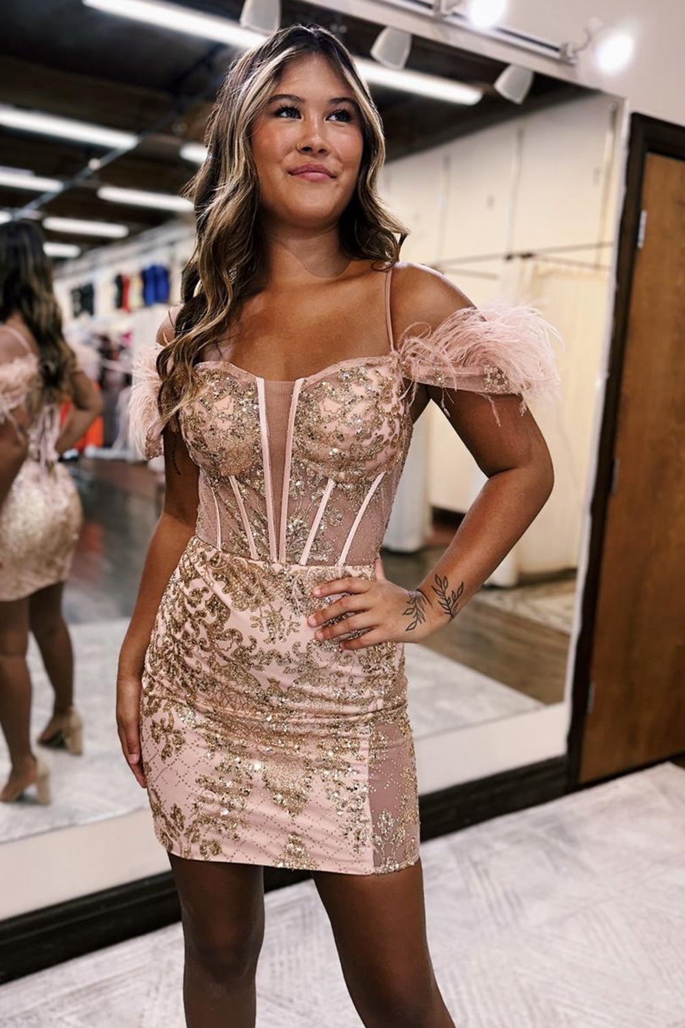 Dressystars Rose Golden Homecoming Dress Corset Sequin Tight Short Prom Dress With Feather