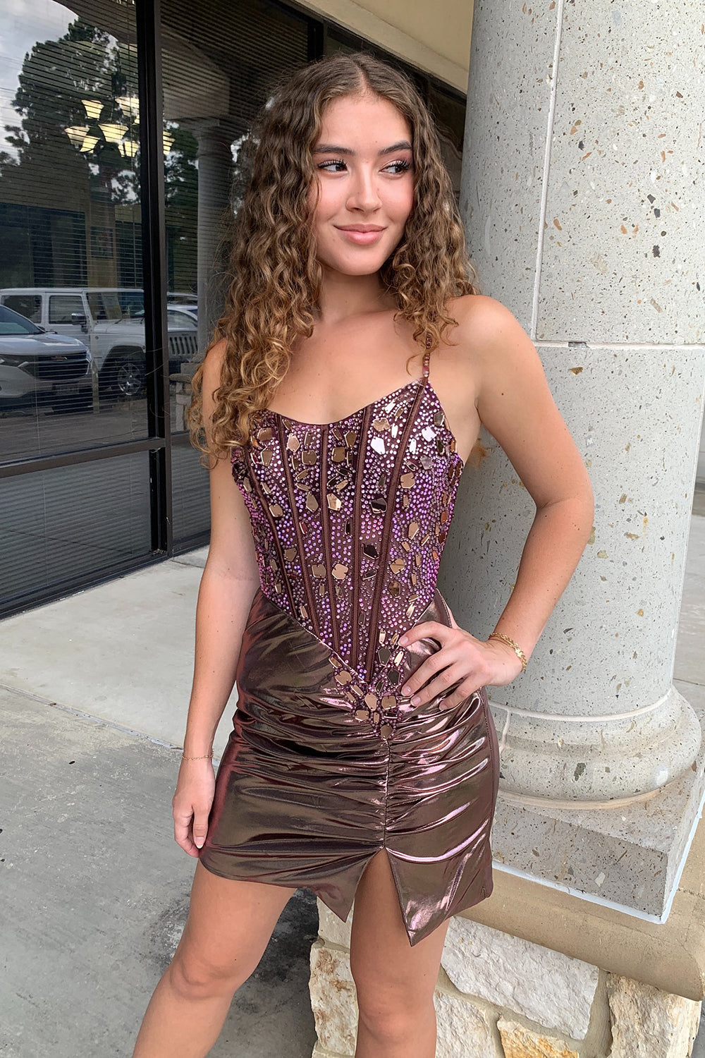 Dressystars Rose Golden Homecoming Dress Spaghetti Straps Mirror Tight Short Prom Dress with Beading