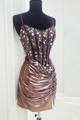 Dressystars Rose Golden Homecoming Dress Spaghetti Straps Mirror Tight Short Prom Dress with Beading