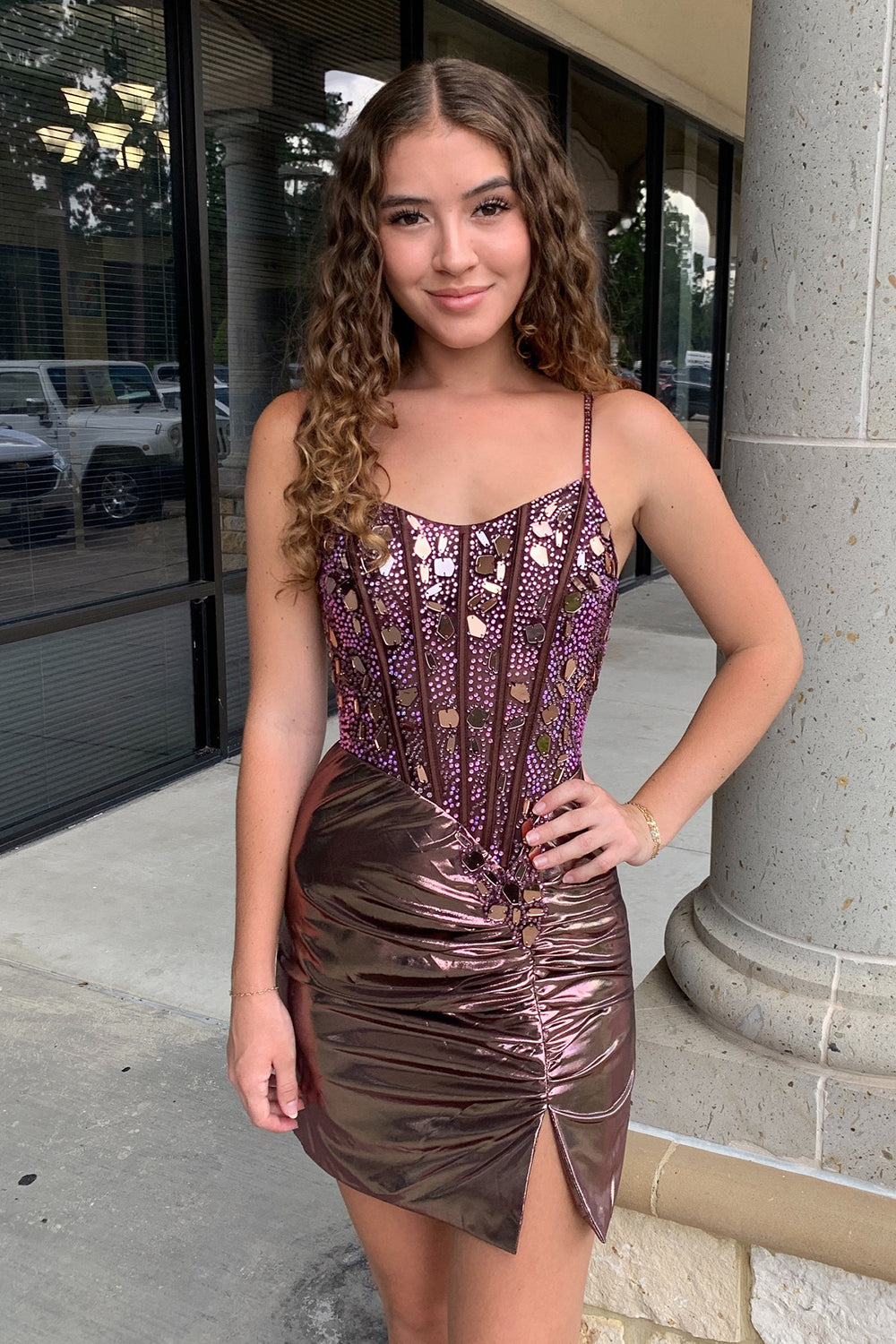 Dressystars Rose Golden Homecoming Dress Spaghetti Straps Mirror Tight Short Prom Dress with Beading