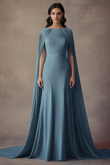 Dressystars Round Neck Long Ruched Grey Blue Wedding Guest Dress Formal Dress With Shawl