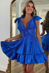 Dressystars Royal Blue A Line Homecoming Dresses Ruffled Short Cocktail Dresses With Beading