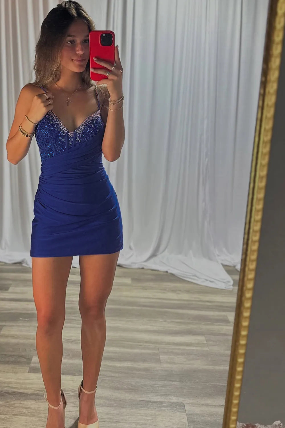 Dressystars Royal Blue Bodycon V Neck Short Corset Homecoming Dress with Beading