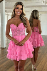 Dressystars Royal Blue Corset Homecoming Dresses Strapless A Line Short Cocktail Dresses With Ruffles