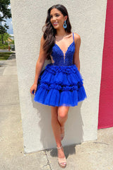 Dressystars Royal Blue Homecoming Dress A Line Ruffled Prom Dress With Appliques