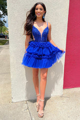 Dressystars Royal Blue Homecoming Dress A Line Ruffled Prom Dress With Appliques