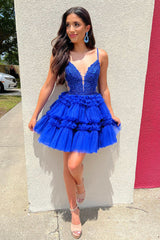 Dressystars Royal Blue Homecoming Dress A Line Ruffled Prom Dress With Appliques