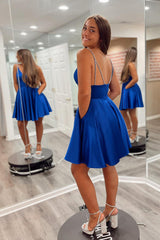 Dressystars Royal Blue Homecoming Dress A-Line Spaghetti Straps Short Prom Dress with Pockets