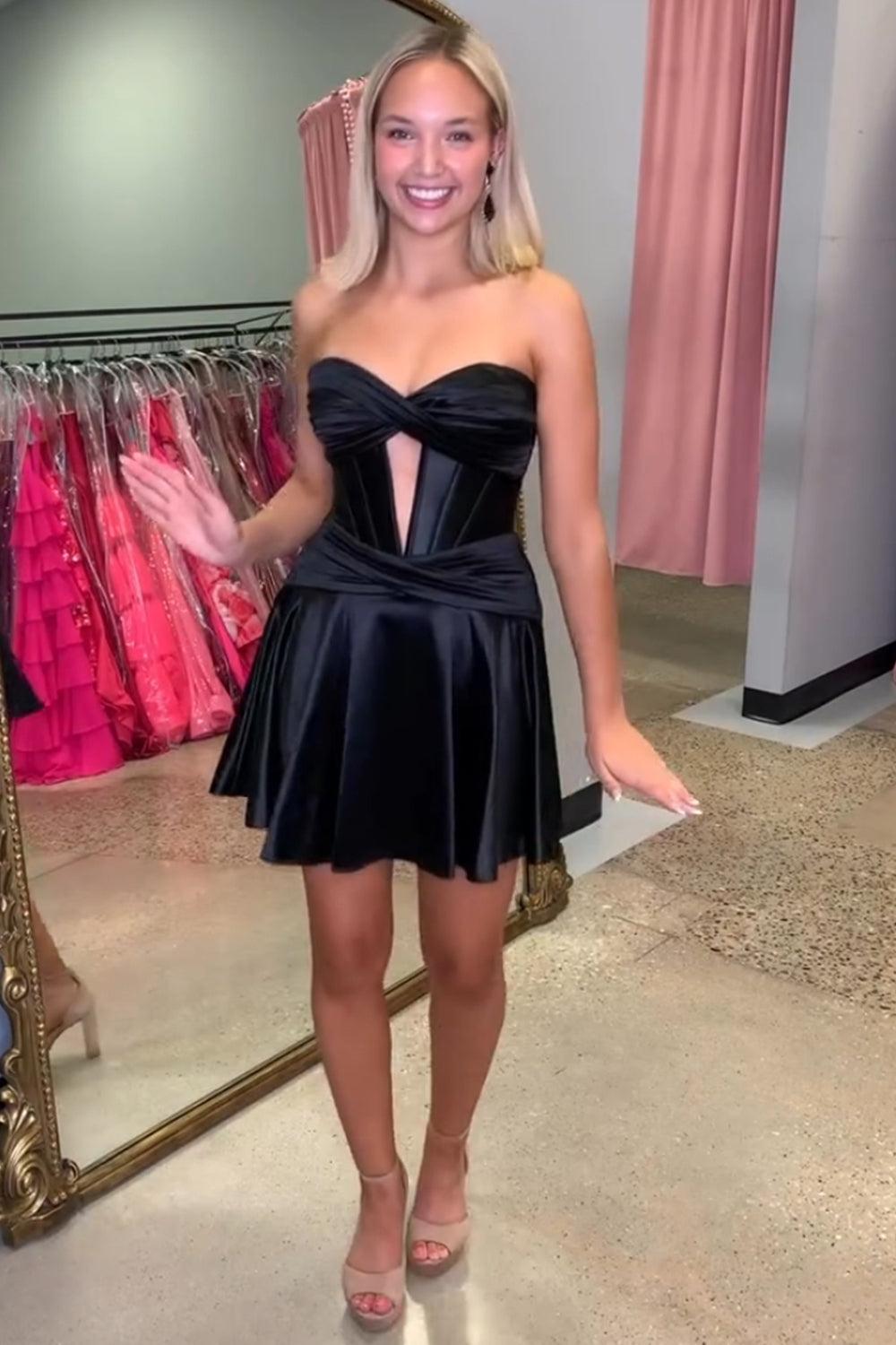 Dressystars Royal Blue Homecoming Dress A Line Strapless Corset Short Prom Dress with keyhole