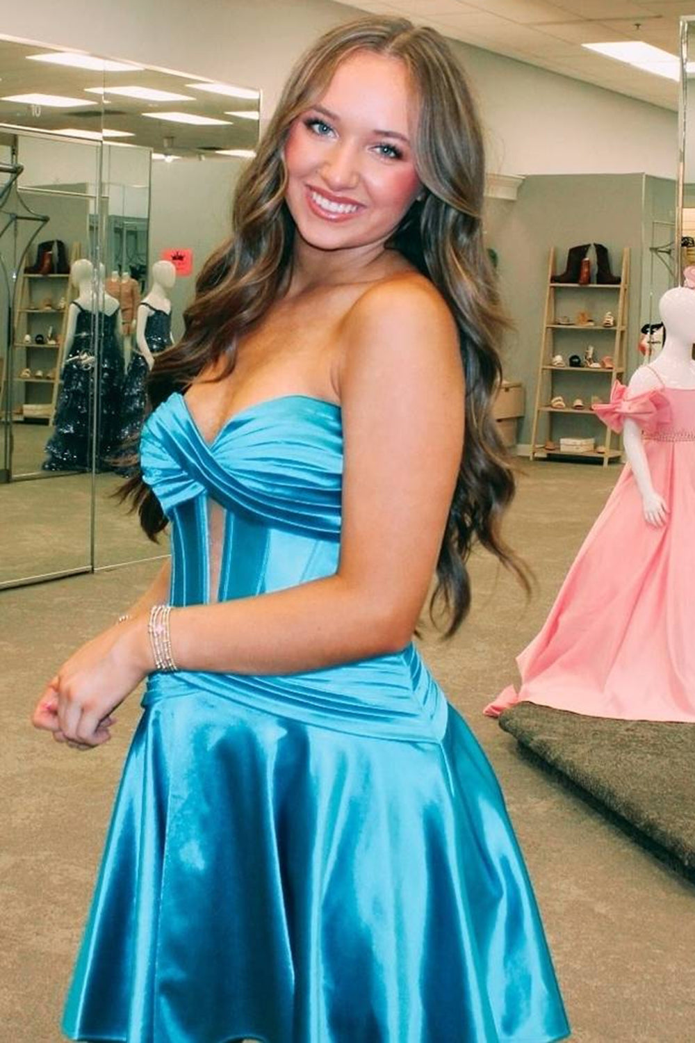 Dressystars Royal Blue Homecoming Dress A Line Strapless Corset Short Prom Dress with keyhole