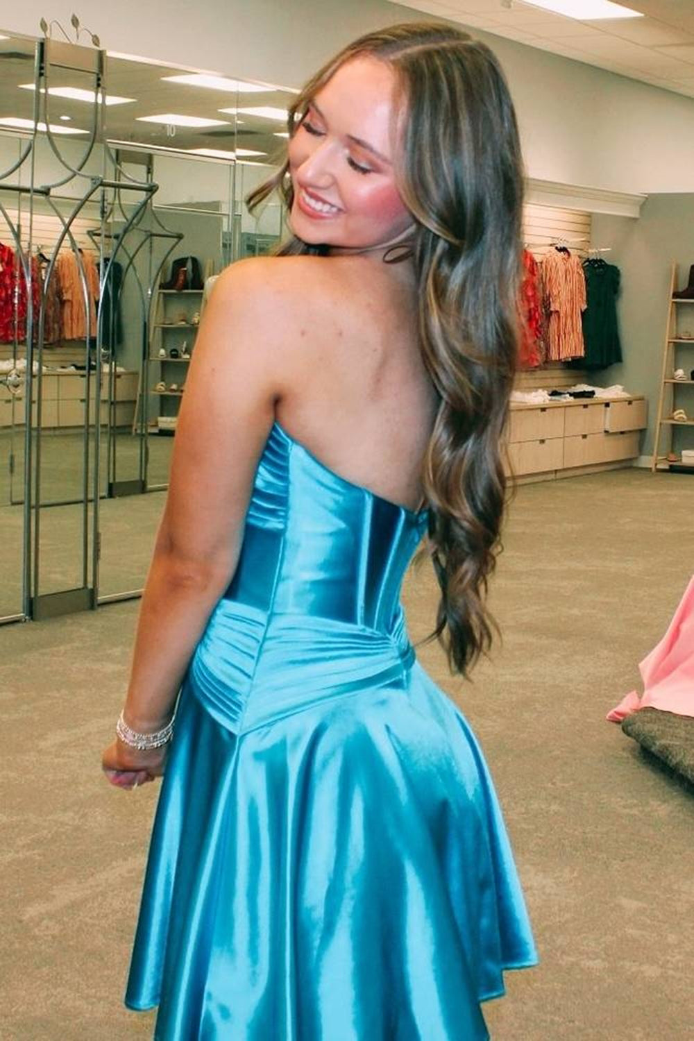 Dressystars Royal Blue Homecoming Dress A Line Strapless Corset Short Prom Dress with keyhole