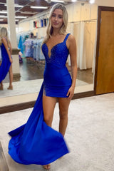 Dressystars Royal Blue Homecoming Dress Beaded Tight Short Prom Dress with Ruffles