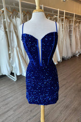 Dressystars Royal Blue Homecoming Dress Corset Sequined Tight Short Prom Dress