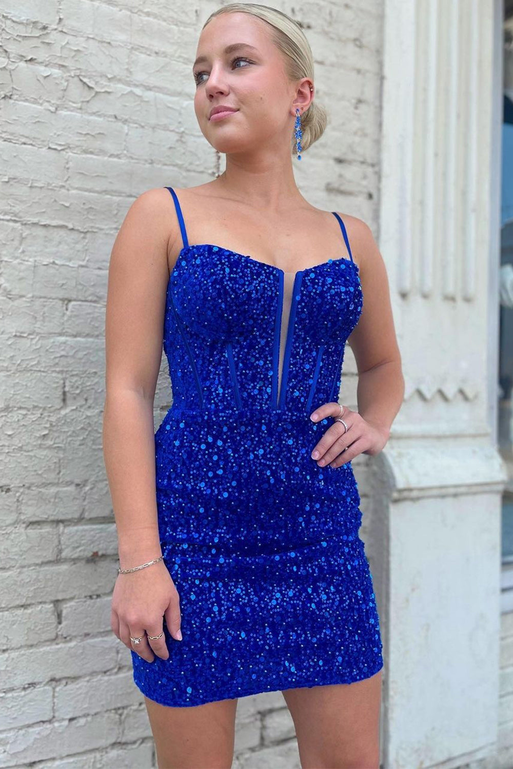 Dressystars Royal Blue Homecoming Dress Corset Sequined Tight Short Prom Dress