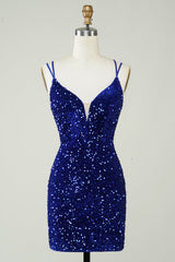 Dressystars Royal Blue Homecoming Dress Criss-Cross Straps Sequin Tight Short Hoco Dress