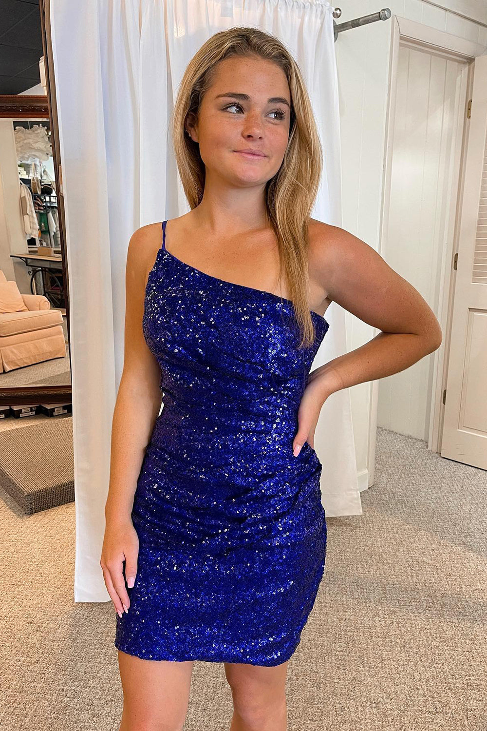 Dressystars Royal Blue Homecoming Dress Glitter One Shoulder Tight Prom Dress