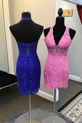 Dressystars Royal Blue Homecoming Dress Halter Bodycon Short Prom Dress with Appliques