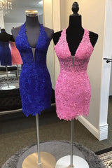 Dressystars Royal Blue Homecoming Dress Halter Bodycon Short Prom Dress with Appliques