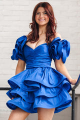 Dressystars Royal Blue Homecoming Dress Off The Shoulder A Line Tiered Short Prom Dress
