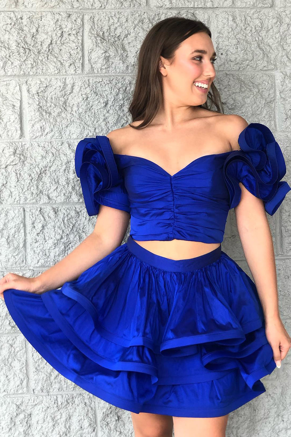 Dressystars Royal Blue Homecoming Dress Off The Shoulder A Line Tiered Short Prom Dress