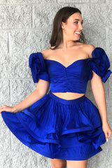 Dressystars Royal Blue Homecoming Dress Off The Shoulder A Line Tiered Short Prom Dress