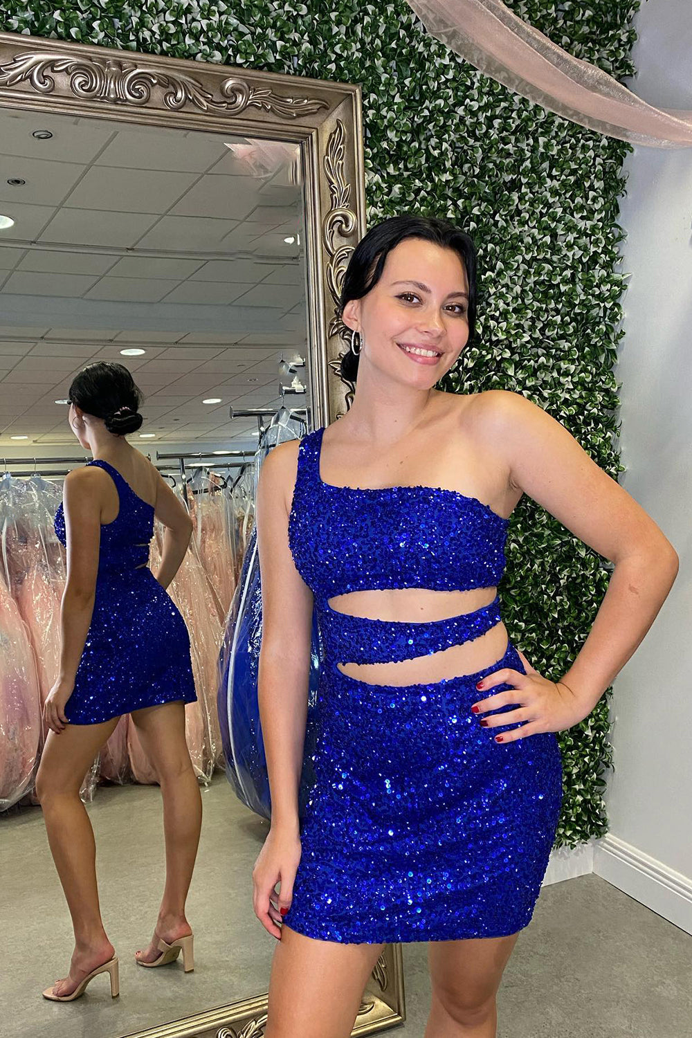 Dressystars Royal Blue Homecoming Dress One Shoulder Cut Out Sequin Tight Short Prom Dress