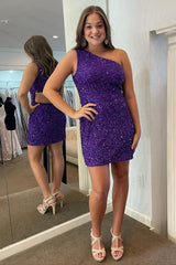 Dressystars Royal Blue Homecoming Dress Open Back One Shoulder Sequin Tight Short Hoco Dress