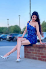 Dressystars Royal Blue Homecoming Dress Open Back One Shoulder Tight Sequin Prom Dress
