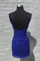 Dressystars Royal Blue Homecoming Dress Ruched Tight Short Sequin Prom Dress